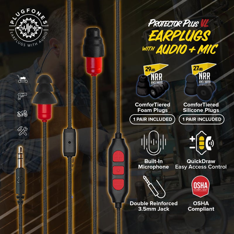 Plugfones Protector Plus Volume Limited in-Ear Earplug Earbuds, Noise Reduction Headphones with Noise Isolating Mic and Controls, Black & Red - Image 2